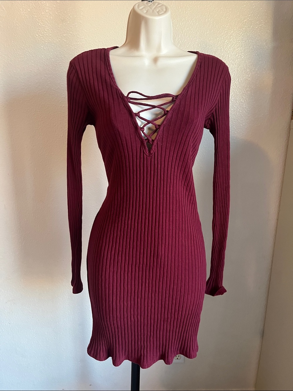 Kendall & Kylie Ribbed Lace-Up Long Sleeve Bodycon Dress - Burgundy